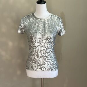 Oscar De La‎ Renta Sequin Gray Silver Short Sleeve Scoop Neck Top Blouse Size S